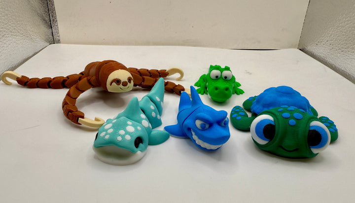 3d Printed Animals 5 Pack - Turtle, Whale, Sloth, Croc and Shark