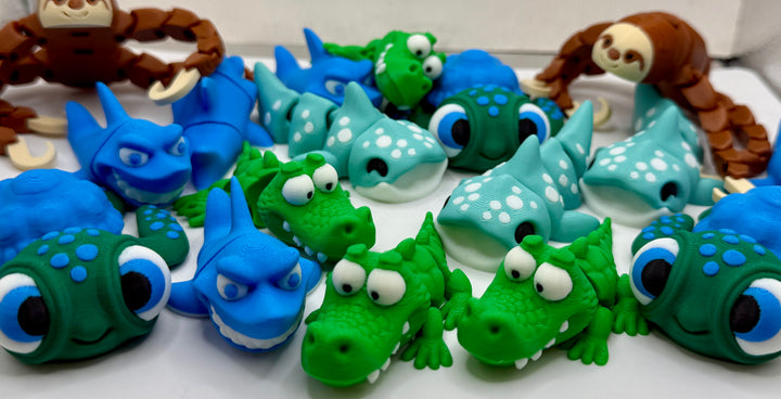 3d Printed Animals 5 Pack - Turtle, Whale, Sloth, Croc and Shark
